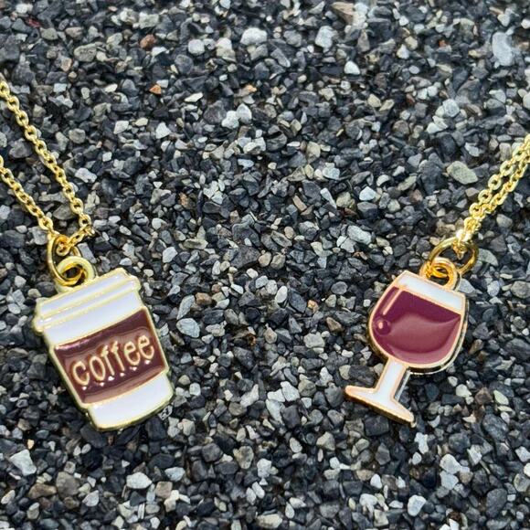 WhitsUpShop Jewelry - Gold Plated Coffee Charm Necklace and Gold Plated Red Wine Charm Necklace